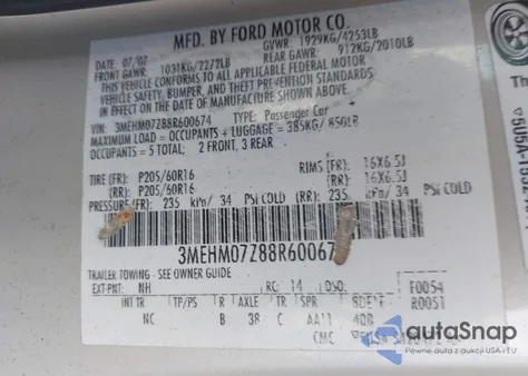 2008 Mercury Milan I4 z USA, uszkodzony, nr VIN 3MEHM07Z88R600674